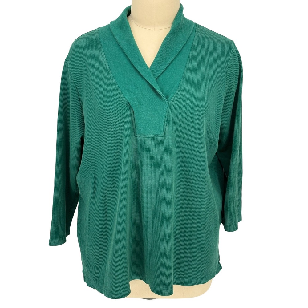 Roaman's Pullover Top Green Waffle Knit Shawl Collar 3X